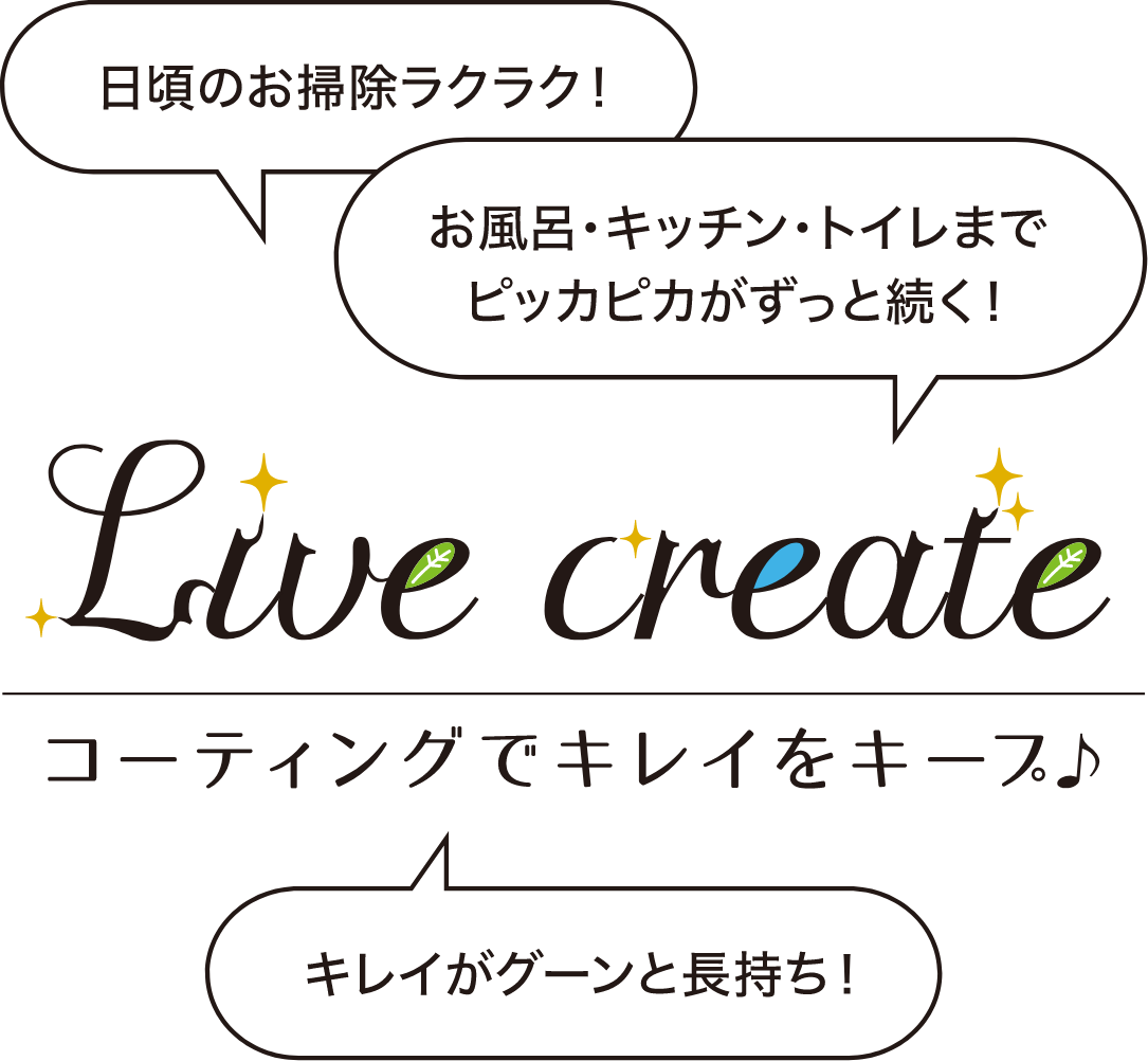 Live create コーティングでキレイをキープ 日頃のお掃除ラクラク! お風呂・キッチン・トイレまでピッカピカがずっと続く! キレイがグーンと長持ち!